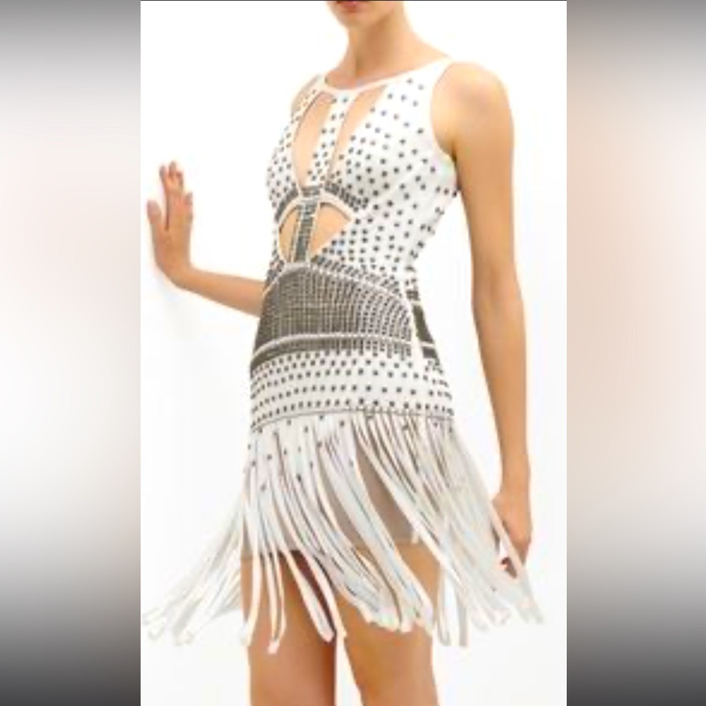 XS Herve Leger stud and fringe dress